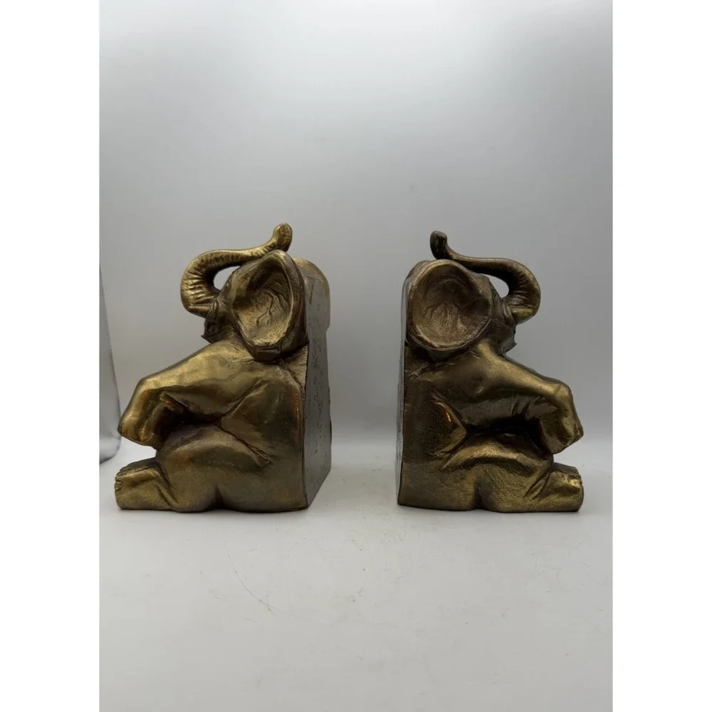 Vintage Brass Elephant Bookends Pair Mid Century Heavy Gold Tone Elephant Decor